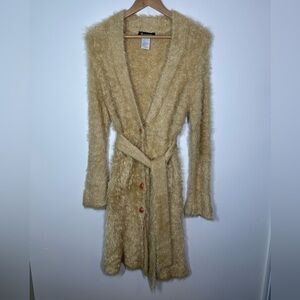 Naoki Takizawa Beige Fuzzy Belted‎ Nylon Coat Size 38